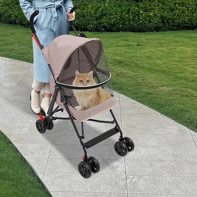 Pet Stroller, Foldable Pet Stroller with Weather Cover, Dog Cat Strolling Cart with 360° Wheels & Brakes for Small and Medium-Sized Dogs or Cats (Pink)