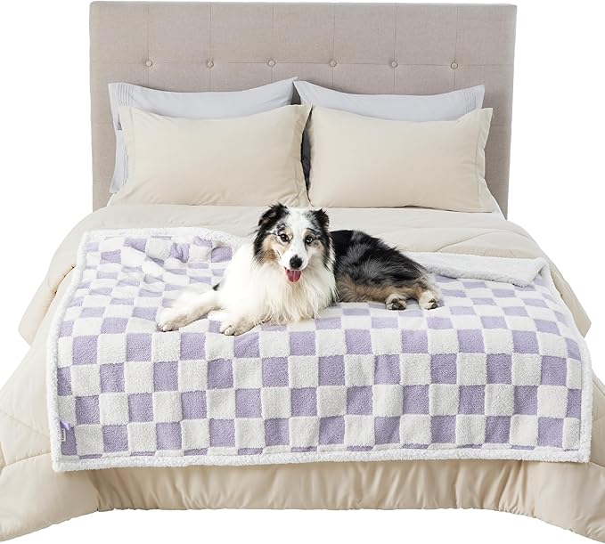 Lesure Waterproof Dog Blanket for Large Dogs - Washable Double Sided Dog Blankets with Warm Jacquard Shag and Soft Sherpa Fleece, Pet Cat Blanket for Bed Couch Protection, 3D Textured Checks, Purple