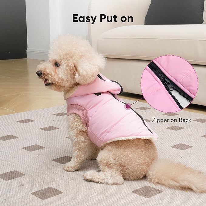 Fleece Lining Dog Hoodie with Harness Built in,Extra Warm Small Dog Jacket in Winter Puppy Coats with Hooded,Light Pink M