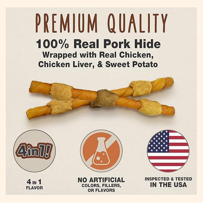 Cadet Gourmet Shish Kabob Dog Chews for Large Dogs, Rawhide Treats with Chicken and Sweet Potato, Healthy & Natural Pork Hide, 10-Inch Sticks, 4 Count