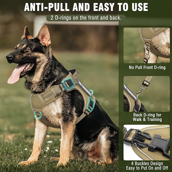 Tactical Dog Harness and Leash Set for Large Dogs,Heavy Duty No Pull Service Dog Vest and 10 Patches with Dog Seat Belt,Reflective Adjustable Pet Harness for Training Walking Hiking Brown L