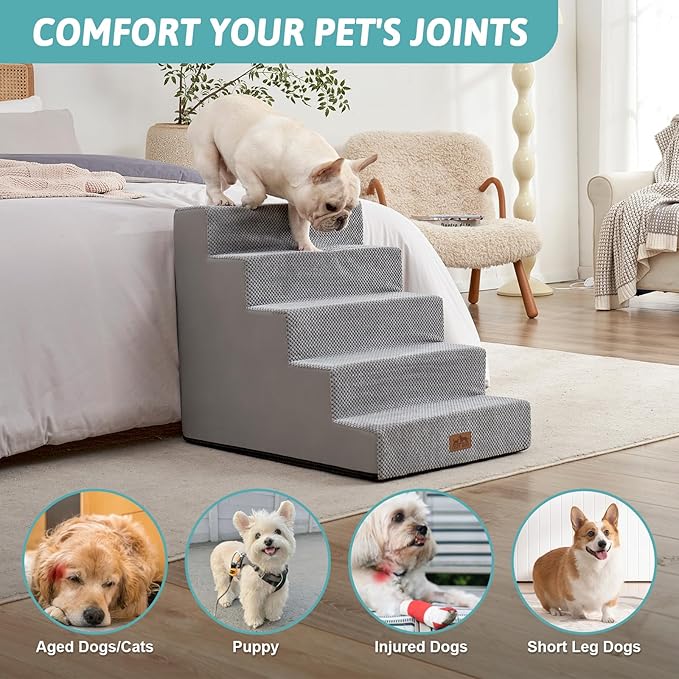Dog Stairs for Small Dogs, 5 Tier Wider Pet Stairs for High Beds, 23.6" H Non-Slip Dog Steps for Old Cats, Puppies, Small Medium Dogs, 19.7x29.5x23.6 inch, Grey