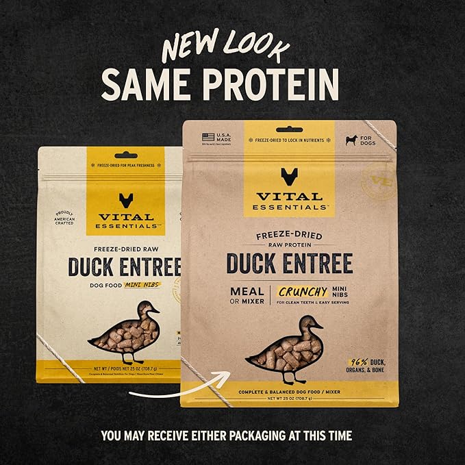 Vital Essentials Freeze-Dried Raw Duck Meal or Mixer Dog Food Crunchy Mini Nibs, 25 oz