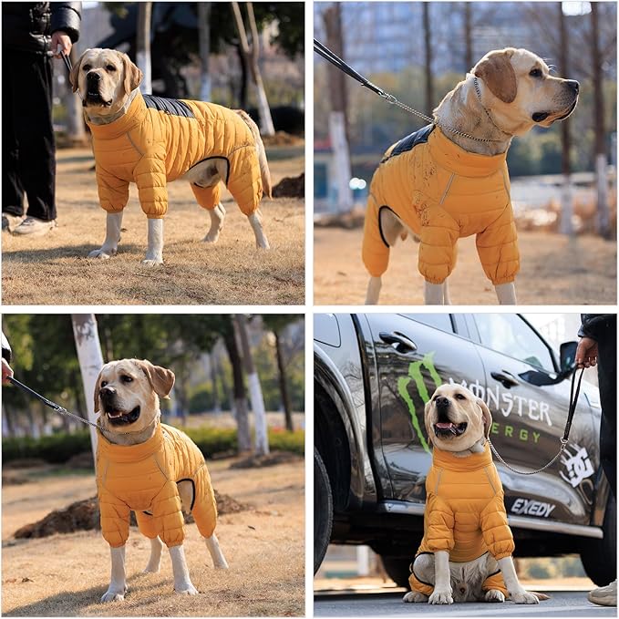 Lovelonglong Dog Coat Dog Warm Jacket, 4 Legs Covered Waterproof Windproof Reflective Warm Dog Vest, Zippered Adjustable Outdoor Dog Snow Jacket for Small Medium Large Dogs Yellow XL