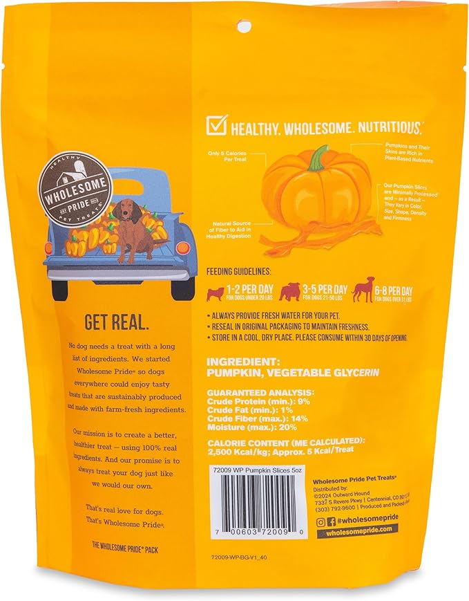 Wholesome Pride Pumpkin Slices 100% All-Natural Limited Ingredient Dehydrated Dog Treats, 5 oz