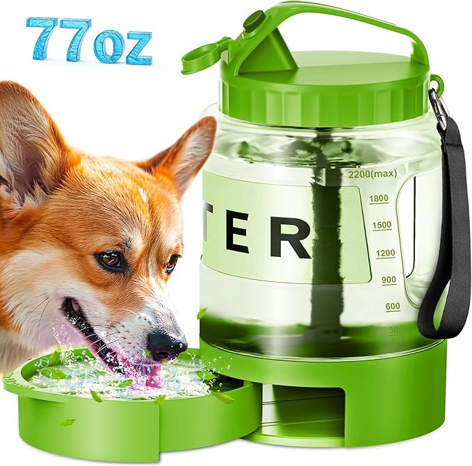 Dog Water Bottle Travel Bowl - 77oz Large Portable Dog Water Bowls Dispenser for Camping Essentials Hiking Traveling Beach Car Park Accessories, Leak Proof Pet Drinking Bottle Dispenser, Green