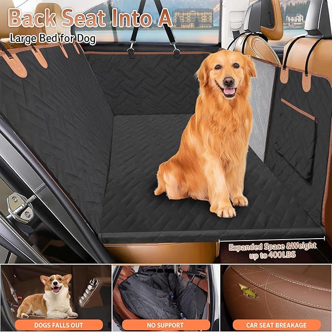 Dog Car Seat Cover for Back Seat,100% Waterproof & Scratchproof Back Seat Pet Cover for Dogs,5MM PP Board Hard Bottom Dog Bed for Car,Supports 400lbs Back Seat Extender for Dogs for Car/SUV