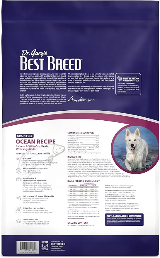 Best Breed Dr. Gary's Grain Free Ocean Recipe Slow-Cooked in USA, Natural Dry Dog Food for All Breeds and Sizes, 26lbs.