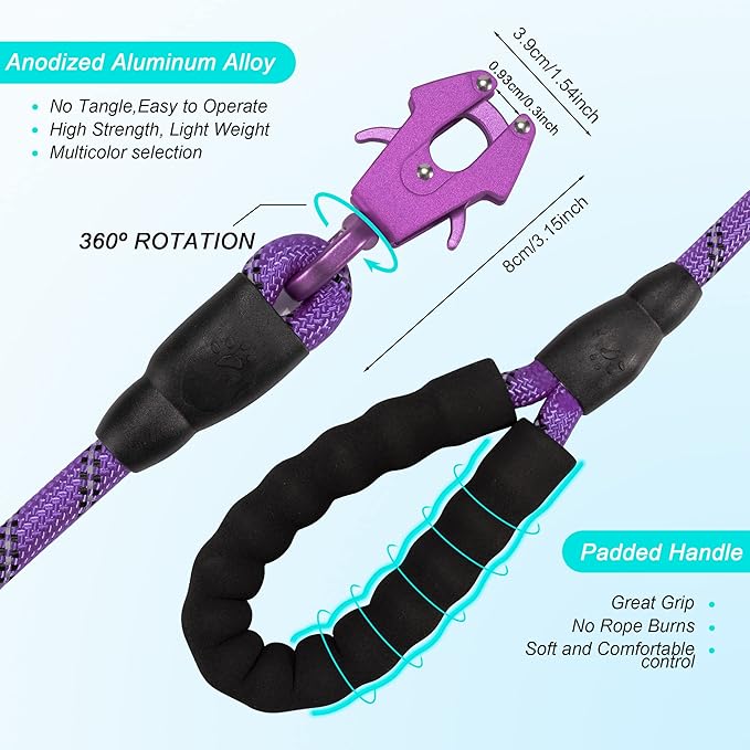 GEIT 2/4/5/6FT Dog Leash, Heavy Duty Rope Leashes, Reflective Nylon Pet Lead with Aluminum Quick Release/Locking Tactical Frog Clip for Small Medium and Large Dogs, Purple, 1/2 inch