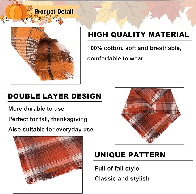 ADOGGYGO Fall Dog Bandana with Tassels Edges, Orange Red Plaid Pet Scarf Bib, Multiple Sizes Offered, Halloween Thanksgiving Fall Bandanas for Extra Large Dogs Pets (X-Large)