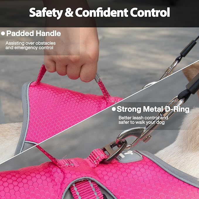 Huntboo Escape Proof Dog Harness, Escape Artist Harness, Reflective Dog Harness with Handle, Durable,Adjustable Vest for Small Medium Large Dogs Walking, Training, and Running Gear(Rose Red, M)