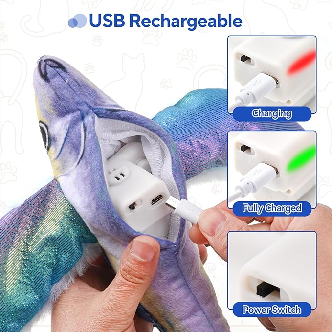 AUSCAT Flappy Fish Cat Toy, Simulated Chirping Floppy Fish Cat Toy Flapping Wings, Rechargeable，Interactive Catnip Toys for Indoor Cats (No Flying)