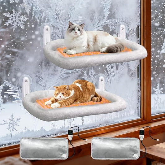 L&W BROS. 2PC Heated Cat Window Perches Adjustable Thermostat & Timer, Dual Window Hammocks with 8 Strong Suction Cups, Easy-to-Clean Warm Beds for Multi-Cat Homes, Holds Up to 50lbs Each (L 2PC)