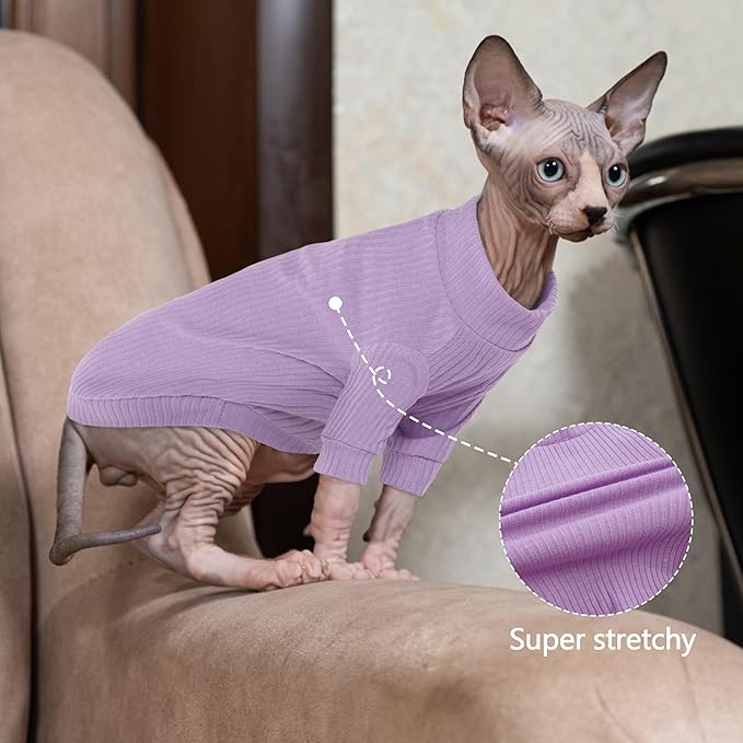 PUMYPOREITY Cat Clothes: Stretchy Cat Shirt & Sweater with Sleeves for Sphynx, Devon Rex & More - Purple, XS