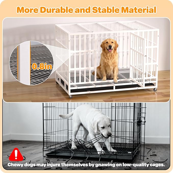 Heavy Duty Indestructible Dog Crate 48 Inch with Removable Tray, Sizes & Colors Optional, Escape Proof Double Door High Anxiety Cage Indoor, Kennel with Wheels for Large Dogs, XL XXL XXL