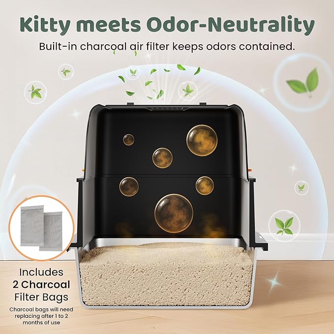 Stainless Steel Litter Box with Lid - XL Enclosed Litter Box for Cats with Collecting Mat - 4 Way Setup Fully Closed, Semi Low, High & Open Kitty Boxes, Leak Proof Metal LitterBox (Black)