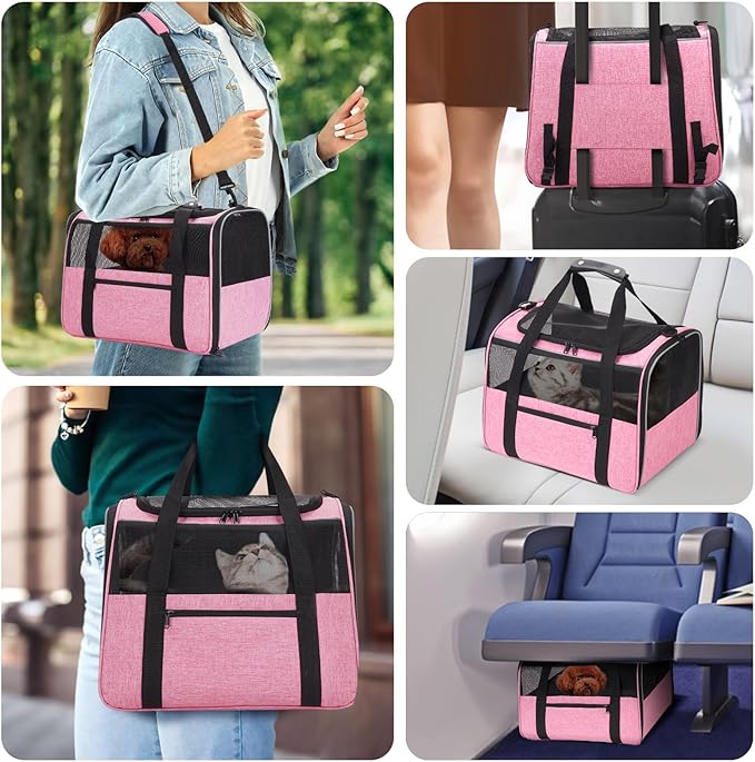 JUNGYOUN Premium Cat Carrier - Pet Carrier for Cat & Small Dogs up to 15lbs - Airline Approved Travel Dog Carrier with Anti-Escape Zippers, Collapsible Travel Bowl & Padded Strap Pink