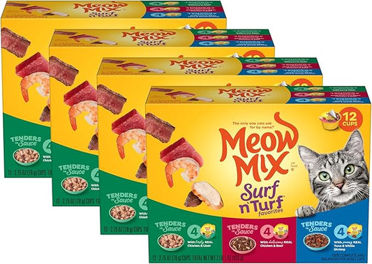 Meow Mix Tenders in Sauce Wet Cat Food, Surf 'N Turf Variety Pack, 2.75 Ounce Cup (Pack of 48)
