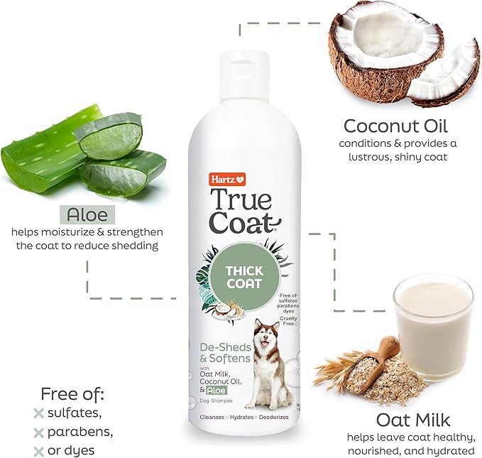 New! Hartz True Coat Thick Coat Specific Dog Shampoo, Desheds & Softens with Oat Milk, Coconut Oil & Aloe