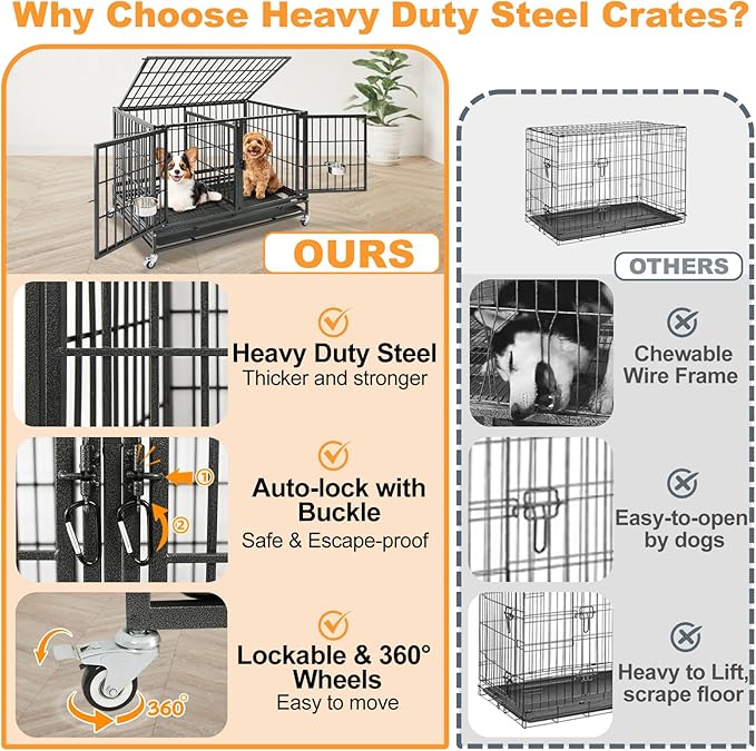 Homey Pet 43 Inch Dog Crate, Heavy Duty Stackable Dog Crate Cage Kennel for Medium Dogs with Divider, Bowls, 3 Door, Removable Grid & Tray, 4 Lockable Wheels, Breeding & Grooming Drop Cages for Dogs