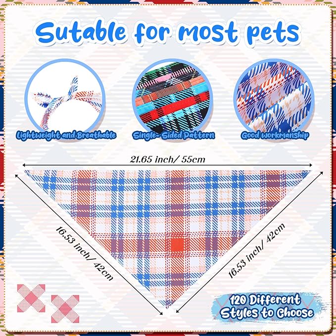 Amylove 120 Pcs Halloween Dog Bandanas Bulk Thanksgiving Day Holiday Triangle Dog Pack Puppy Kerchief Bandana Adjustable Pet Scarf for Pet Cat Costume Accessories Decor(Plaid)
