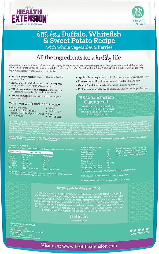 Health Extension Grain Free Buffalo & Whitefish Little Bites (3.5 lb / 1.59 kg) - Small Kibble Formula with Omega 3 & Whole Foods for Teacups, Toys & Miniature Dogs