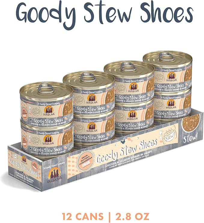 Weruva Classic Cat Stews!, Goody Stew Shoes with Chicken & Salmon in Gravy, 2.8oz Can (Pack of 12)