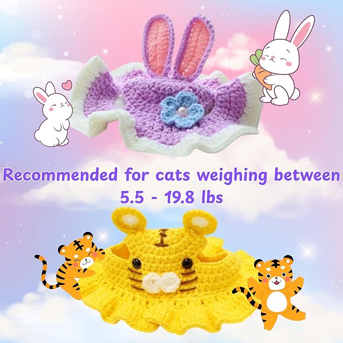 2Pcs Cute Knitted Hat for Cat, Funny Bunny Crochet Hats for Cats Guinea Pig Small Dog Rabbit, Pet Cat Costume for Birthday Party Christmas Halloween, Bunny Costume Accessories (Rabbit, Tiger)