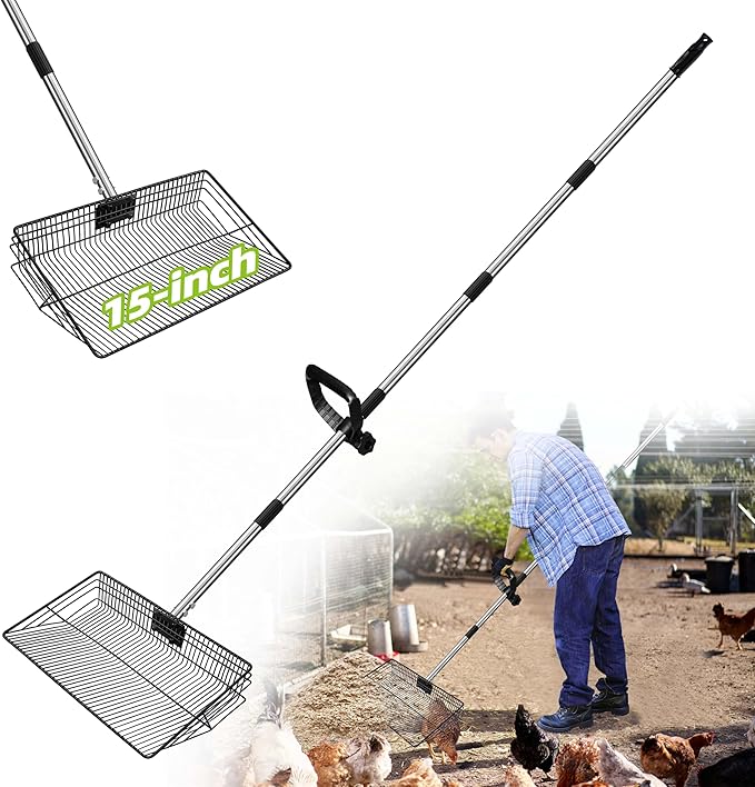 Jusoney 15" Extra Large Stainless Steel Manure Scoop w/5-in-1 Adjustable Handle (37.8"-77.6"), Ergonomic Sifter Shovel for Chicken Coop, Cat Litter, Pet Waste Cleaning Tools