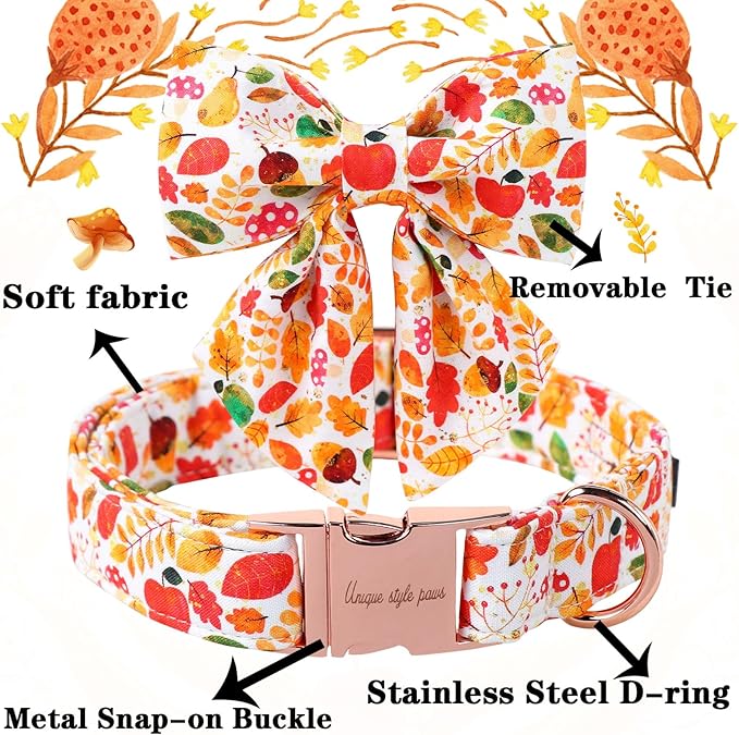 Unique Style Paws Thanksgiving Day Collar with Bowtie Fruit Leaf Flower Fruit Durable Cute Cotton Dog Collars for Small Medium Large Dogs