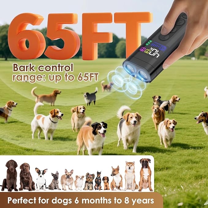 Dog Bark Deterrent Device – 65FT Range Anti Barking Device for Dogs, Stops Neighbor’s Dog Barking with 3 Ultrasonic Frequencies (25/30/40kHz) & 5 Sound Modes, for Indoor & Outdoor Training