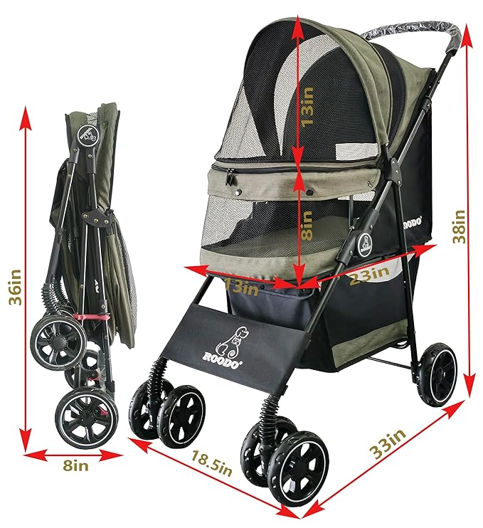 ROODO 4 Wheel Dog Cat Pet Stroller Best Lightweight Foldable Compact Portable Jogger All Terrain Travel Pet Gear Puppy Doggie Bunny Kitty Stroller for up to 30lbs Medium Small Dogs Cats(sage Green)