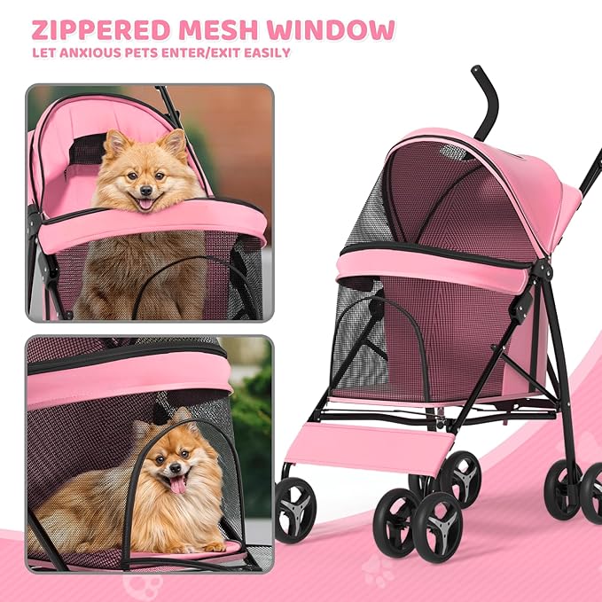 Magshion Compact Pet Stroller for Small-Medium Dogs/Cats up to 22lbs, 4-Wheel Lightweight Umbrella Shaped Portable Puppy Travel Jogger with Breathable Mesh & Rear Storage, Pink