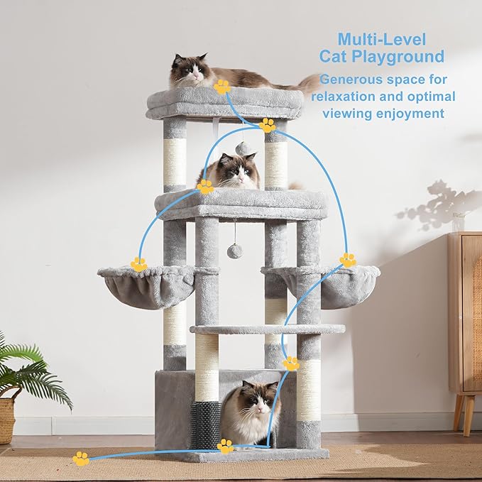 Hey-brother Cat Tree Tower, Scratching Posts with Extra Large Platform, Specious Condo, 2 Cozy Hammocks, Self-Grooming Brush for Indoor Adult Cats, Maine Coon 51.1 inches, Light Gray MPJ070W