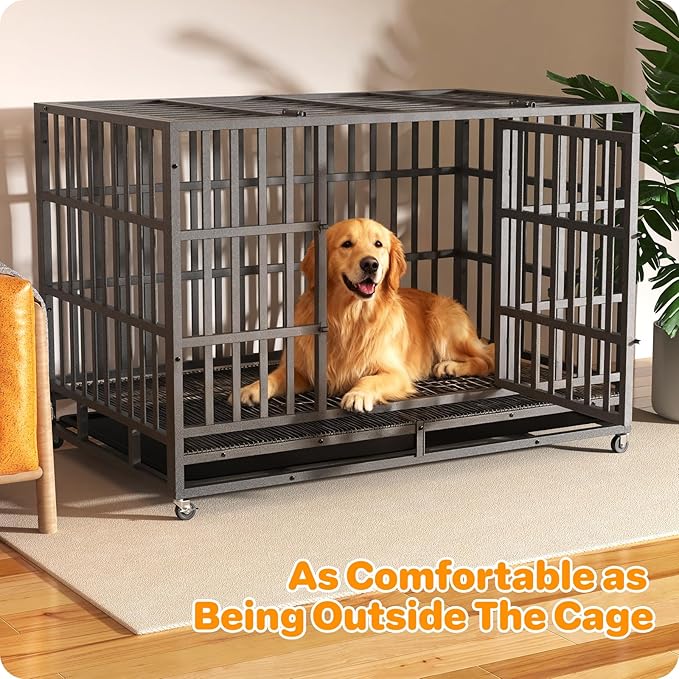 Heavy Duty Indestructible Dog Crate 48 Inch with Removable Tray, Sizes & Colors Optional, Escape Proof Double Door High Anxiety Cage Indoor, Kennel with Wheels for Large Dogs, XL XXL XXL