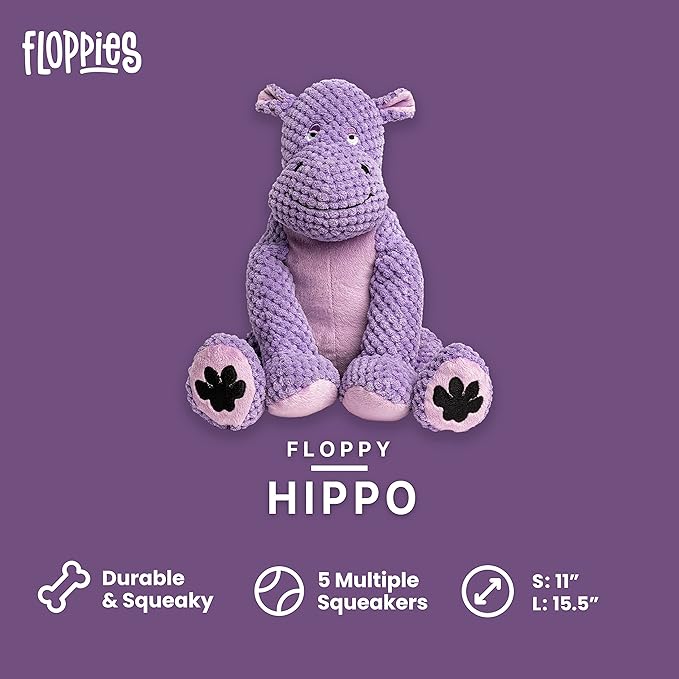 fabdog Floppies Plush Dog Toy - Cute & Durable Squeaky Dog Toys - Best Squeak Toy for Puppies and All Breeds | Ideal Pet Gift| Large Hippo