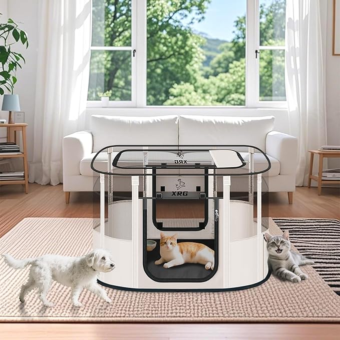 Dog Play Pen with Waterproof pad,Portable Dog Crates for Medium Dogs Kennel Tent,Dog Cages Indoor Breathable Mesh Collapsible Dog House Travel Playpen for Dogs Indoor & Outdoor(Medium, Beige)