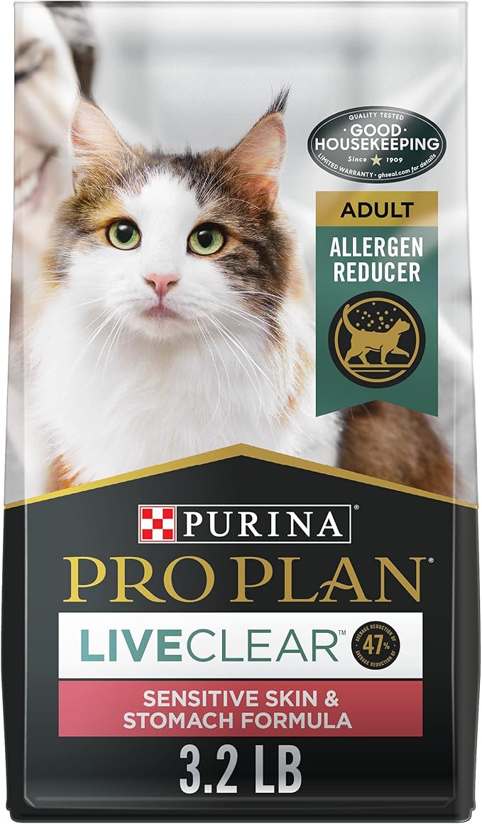 Purina Pro Plan Allergen Reducing, Sensitive Skin & Stomach, High Protein Cat Food, LIVECLEAR Turkey and Oatmeal Formula - 3.2 lb. Bag