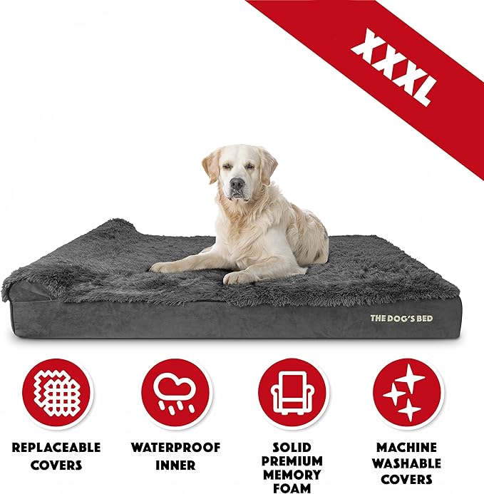 The Dog’s Bed Orthopedic Headrest Dog Bed XXXL Fur Grey, Memory Foam, Pain Relief for Arthritis, Hip & Elbow Dysplasia, Post Surgery, Lameness, Supportive, Waterproof Washable Cover