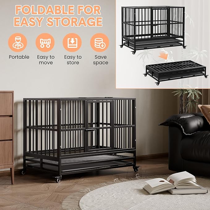 Heavy Duty Metal Dog Crate, 37 in Double Door Dog Cage with Wheels, Folding Indoor Pet House with Removable Tray Perfect for Small, Medium and Large Pets