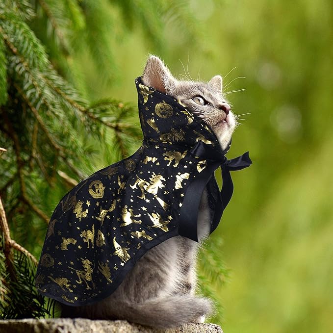 Frienda 2 Pieces Halloween Cat Costume Funny Wick Pet Vampire Cloak Witch Cape and Hat for Kitten Puppy Small Cat Dog Cosplay Halloween Party Supplies(Glitter Pumpkins)