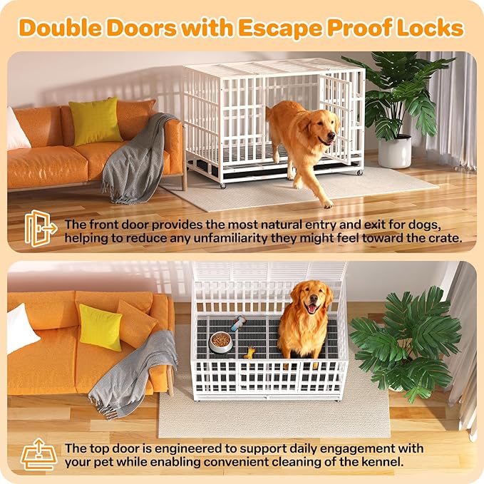 Heavy Duty Indestructible Dog Crate 48 Inch with Removable Tray, Sizes & Colors Optional, Escape Proof Double Door High Anxiety Cage Indoor, Kennel with Wheels for Large Dogs, XL XXL XXL