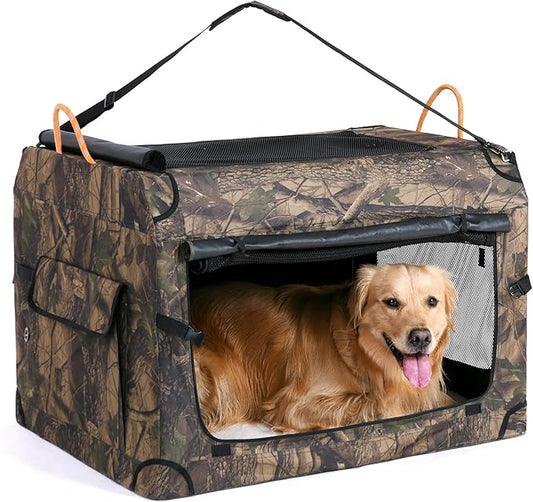 KOOPRO 32 Inch Collapsible Dog Crate, Portable Soft-Sided Dog Travel Carrier Camouflage Style Pet Kennel 4-Door with Durable Mesh Windows, Washable Mat, Indoor & Outdoor for Small Medium Large Dogs
