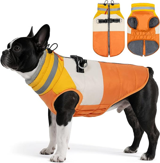 Dog Coats for Medium Dogs, Waterproof Dog Winter Jacket with Harness Built in, Cold Weather Coats, Reflective Zip-up Pet Vest, Warm Fleece Lined Dogs Snowsuit, Orange X-Large