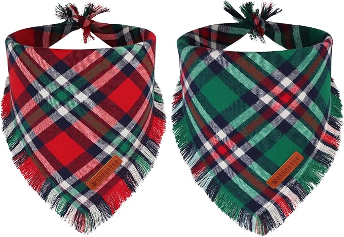 ADOGGYGO Christmas Dog Bandanas with Tassels, Festive Red Green Plaid Xmas Scarf Bib, Soft Cotton Fabric, Pet Christmas Bandanas for Medium Large Dogs (Large)