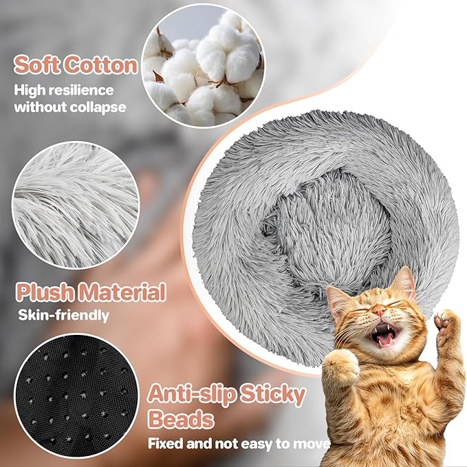 Cat Bed - Calming Cat Bed for Small Kittens Donut Washable Round for Indoor Kittens and Puppies, Anti-Slip Round Fluffy Plush Faux Fur, Medium, Light Grey