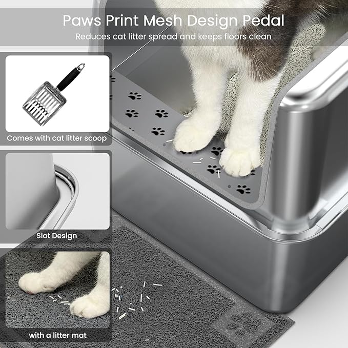 Enclosed Stainless Steel Cat Litter Box with Lid, XL Leak-Proof Metal Litter Box for Big Cats, Extra Large Cat Toilet with High Side, Press-Fit Design, Non-Stick, Odor-Free, with Litter Mat & Scoop