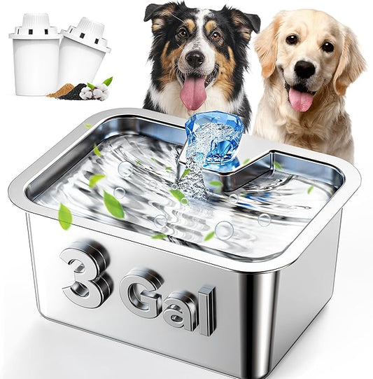 Dog Water Fountain for Large Dogs, tainless Steel 3Gallon Extra Big Pet Fountains, Drinking Bowls for Multi Pets,Dog Water Bowl Filter Automatic Dog Bowl Dispenser, Easy to Clean, Quiet Pump
