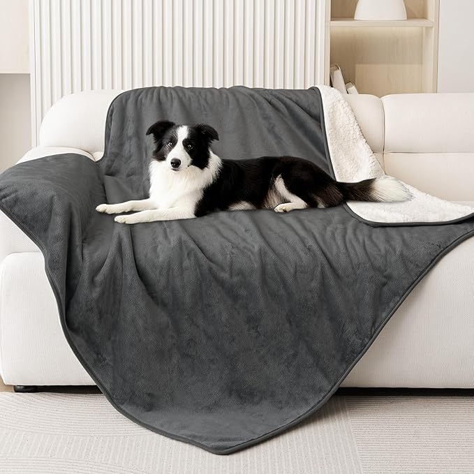 Smiry Waterproof Dog Bed Blanket, Leakproof Pet Throw Blanket for Bed Couch Sofa, Reversible Sherpa Fleece Furniture Protector Cover for Small Medium Large Dogs Cats (Dark Grey, 40x57 inches)