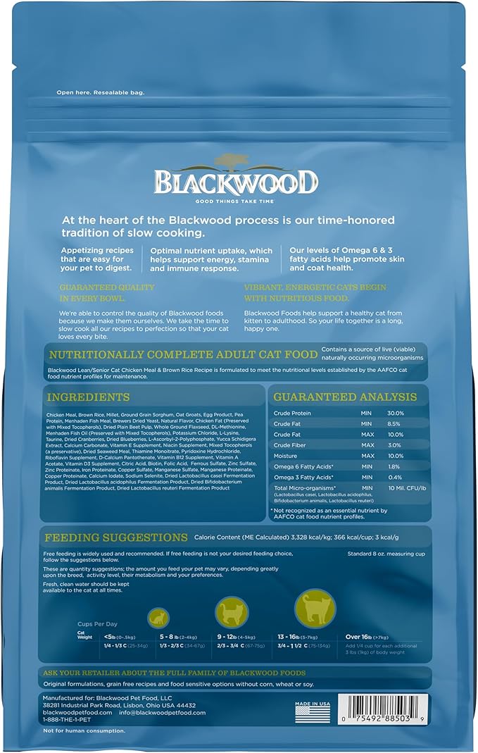 Blackwood Dry Cat Food, Lean / Senior Formula, Chicken Meal & Brown Rice Recipe, 13.2 Pound Bag, High Protein, Slow Cooked